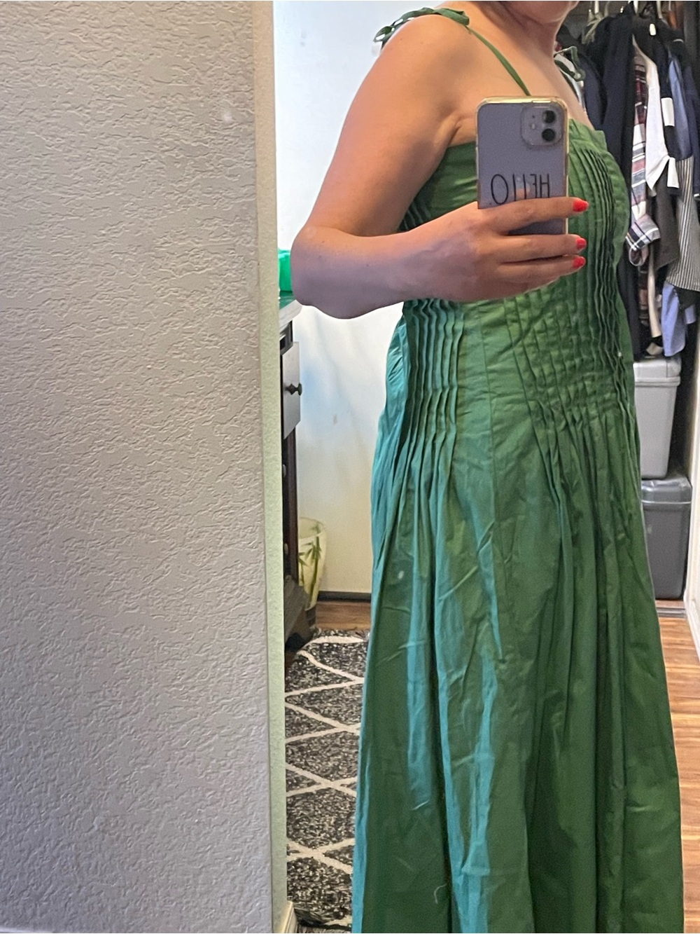 Moon River Green Pleated Maxi Dress with Adjustable Shoulder Ties